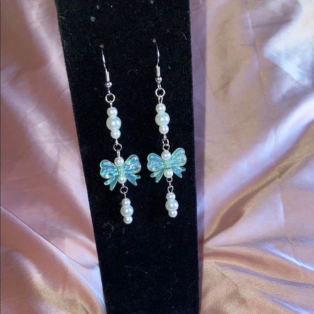 Elegant Pearl and Blue Bow Earrings